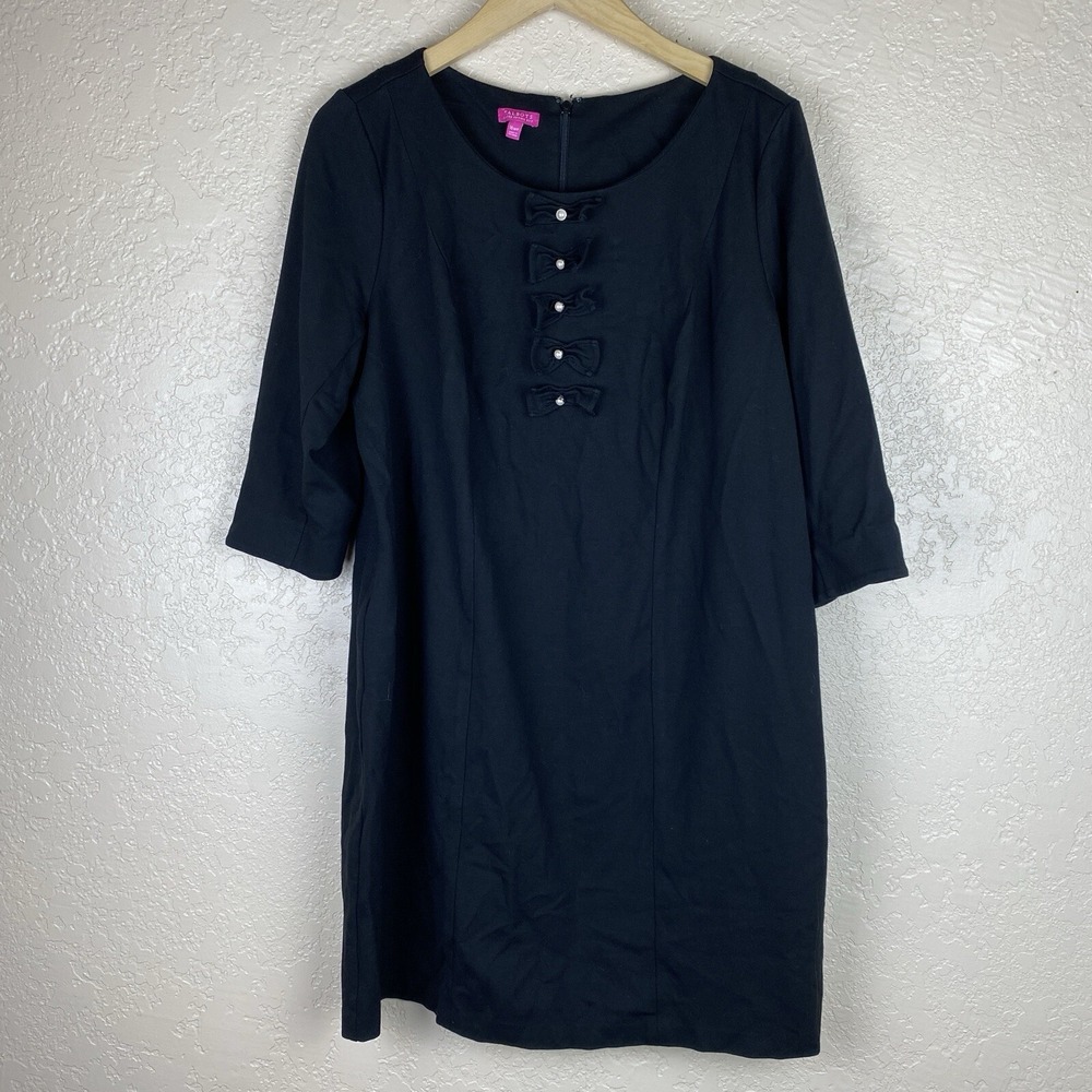 Talbots 16wp Black Sheath Dress Career Preppy Ponte Bow Pearl Button Coquette